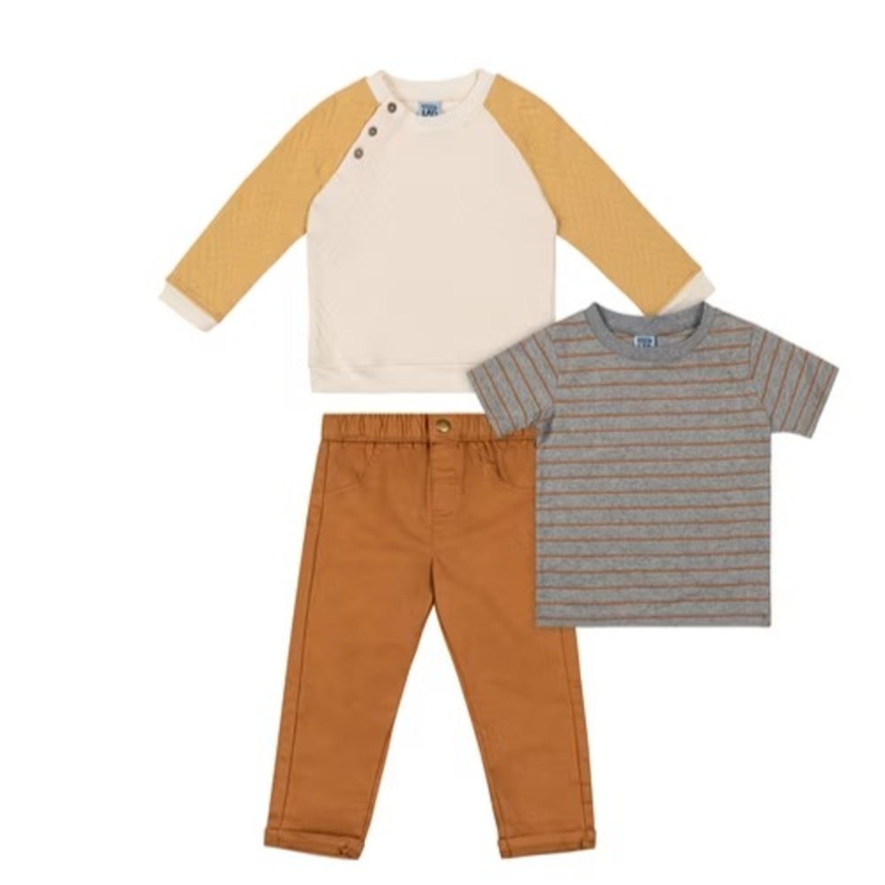 Little Lad Toddler Boys Striped Tee, Tan Pants, Fleece Top 3-Piece Set Size 6